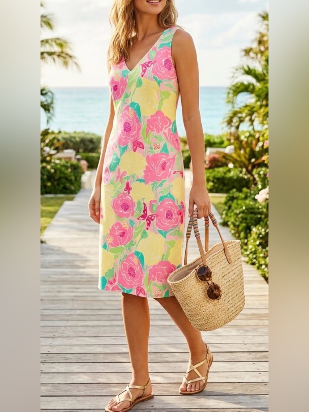 Vintage Lilly Pulitzer Silk Blend Shift Dress Floral Palm Beach Quiet Luxury